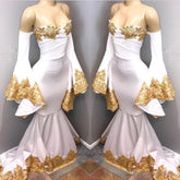 Long Sleeves Prom Party Gowns with gold appliques, mermaid evening dress